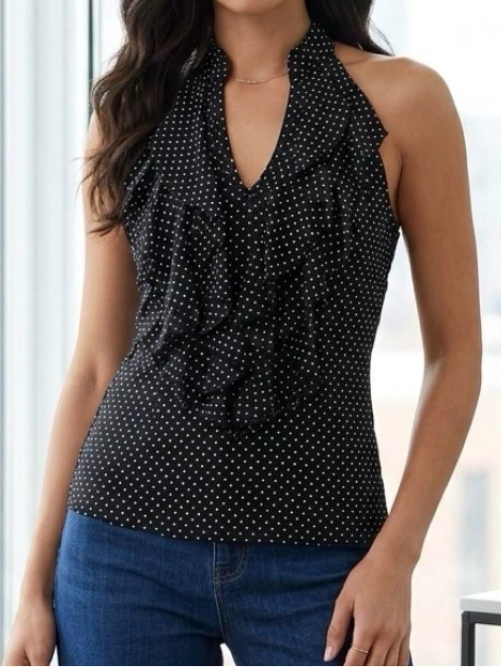 VTG Body Central Y2k Black White Fitted Polka Dot Office Siren Ruffle Top Sz S